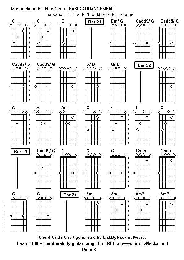 Chord Grids Chart of chord melody fingerstyle guitar song-Massachusetts - Bee Gees - BASIC ARRANGEMENT,generated by LickByNeck software.